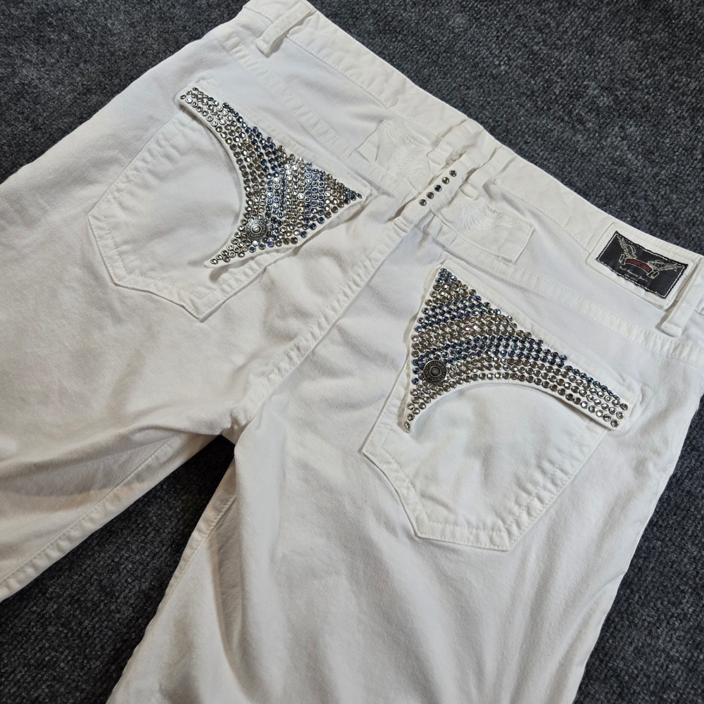 Robin's Jean White Denim Shorts Swarovski Crystal Wing Flap Size 40 USA Made Y2K